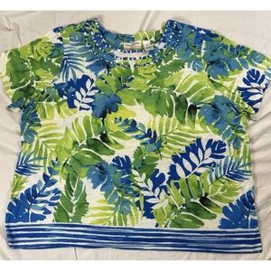 Alfred Dunner Woman Tropical Leaf Print Tunic Top Short Sleeve Nature Eco 2XL
